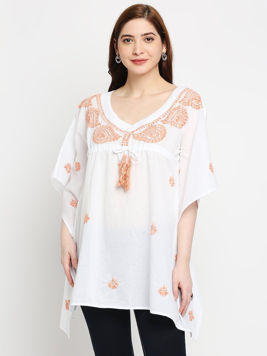 Lucknow Chikankari Hand Embroidered Top Cotton Kaftan Peach - Indiankala4u