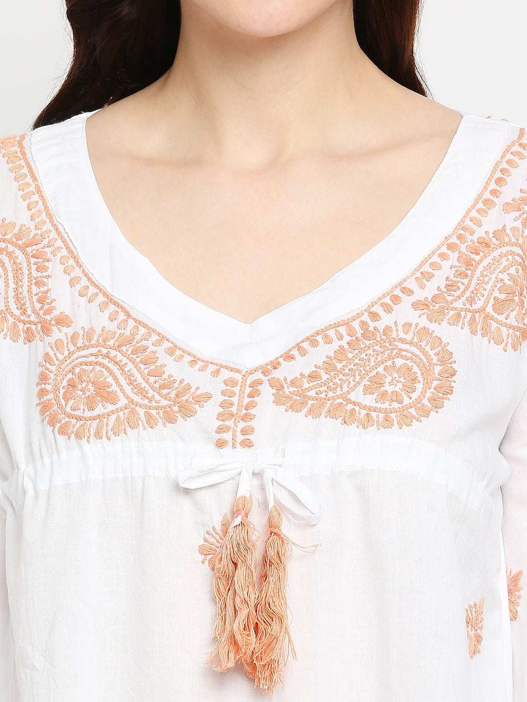 Lucknow Chikankari Hand Embroidered Top Cotton Kaftan Peach - Indiankala4u