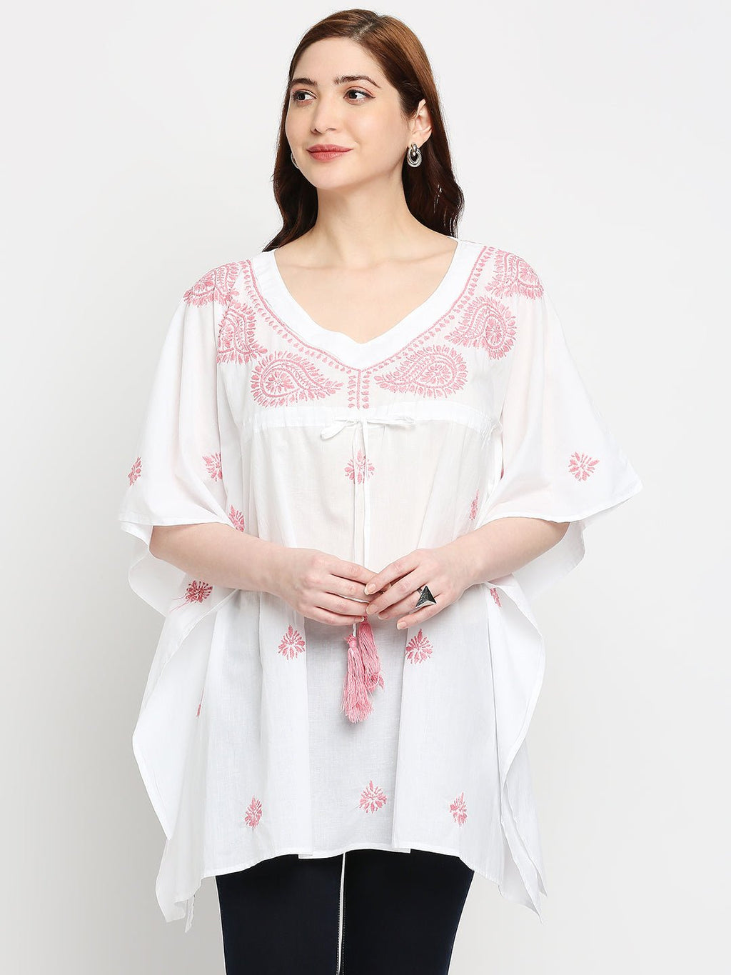 Lucknow Chikankari Hand Embroidered Top Cotton Kaftan Pink - Indiankala4u