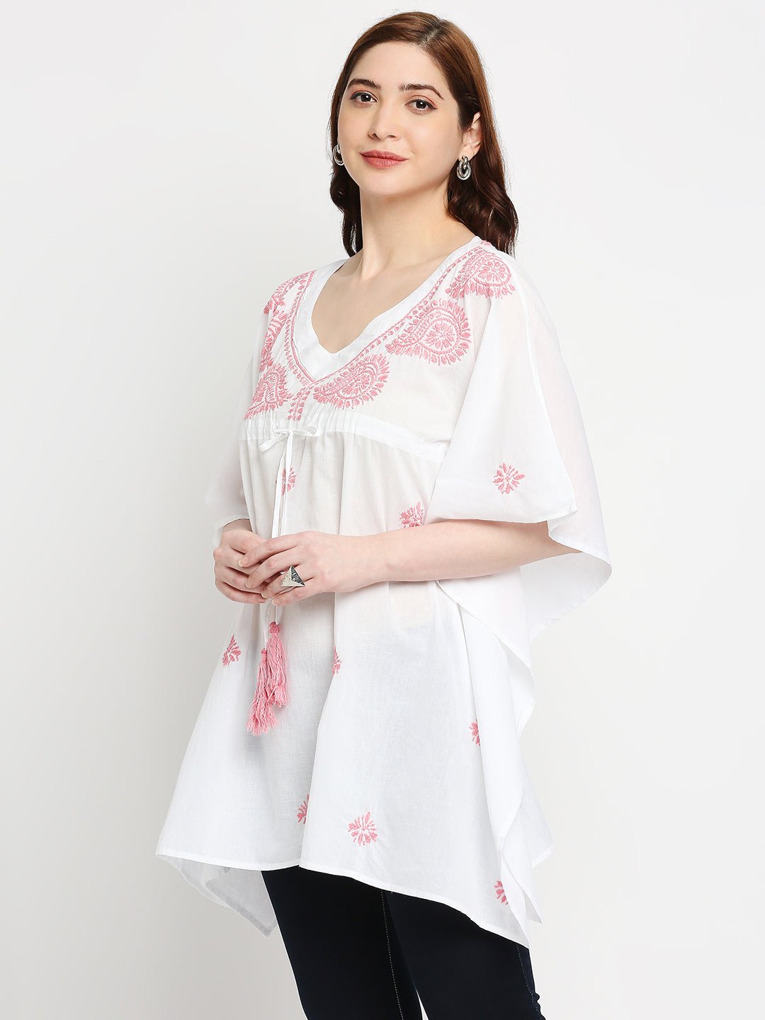 Lucknow Chikankari Hand Embroidered Top Cotton Kaftan Pink - Indiankala4u