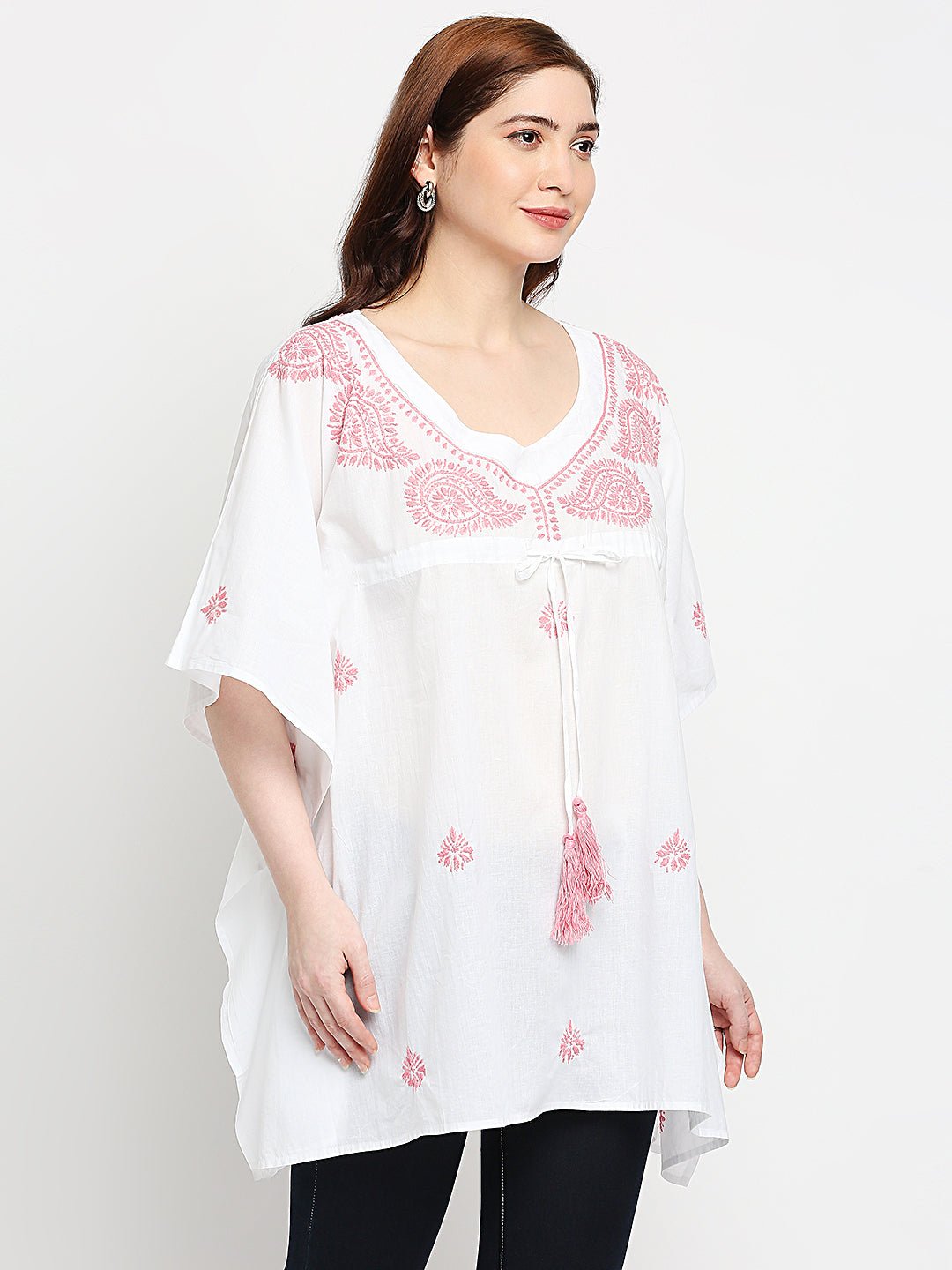 Lucknow Chikankari Hand Embroidered Top Cotton Kaftan Pink - Indiankala4u