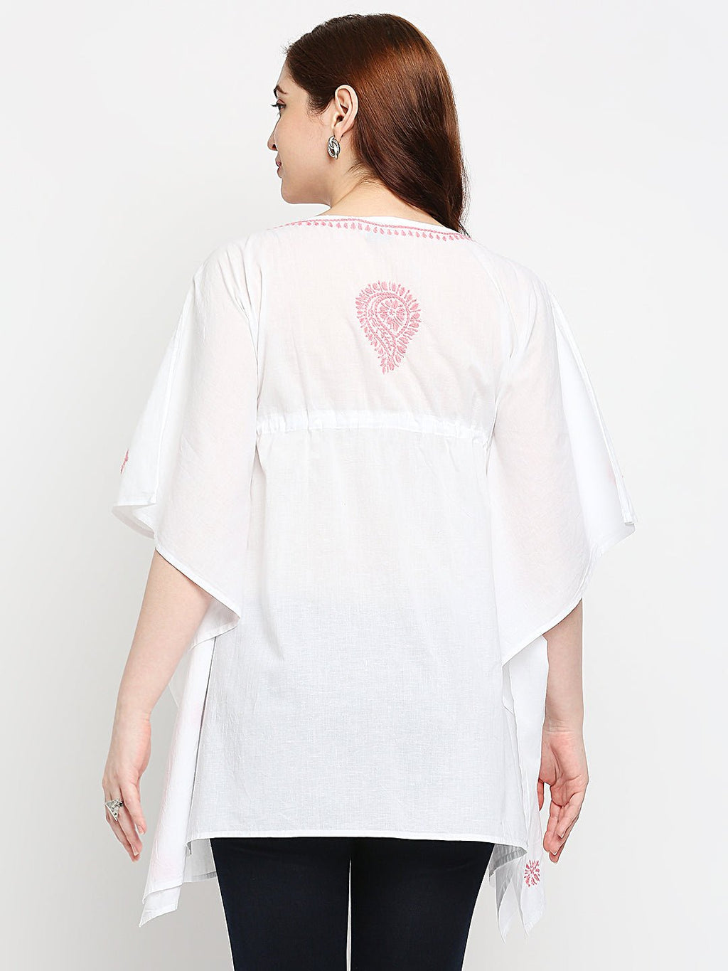 Lucknow Chikankari Hand Embroidered Top Cotton Kaftan Pink - Indiankala4u