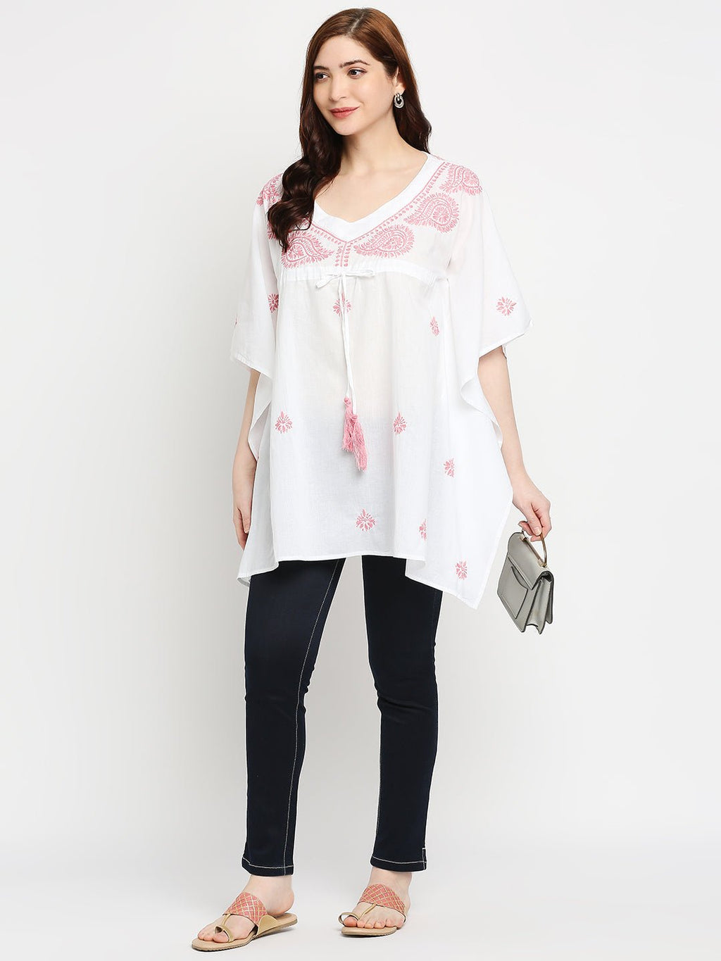 Lucknow Chikankari Hand Embroidered Top Cotton Kaftan Pink - Indiankala4u