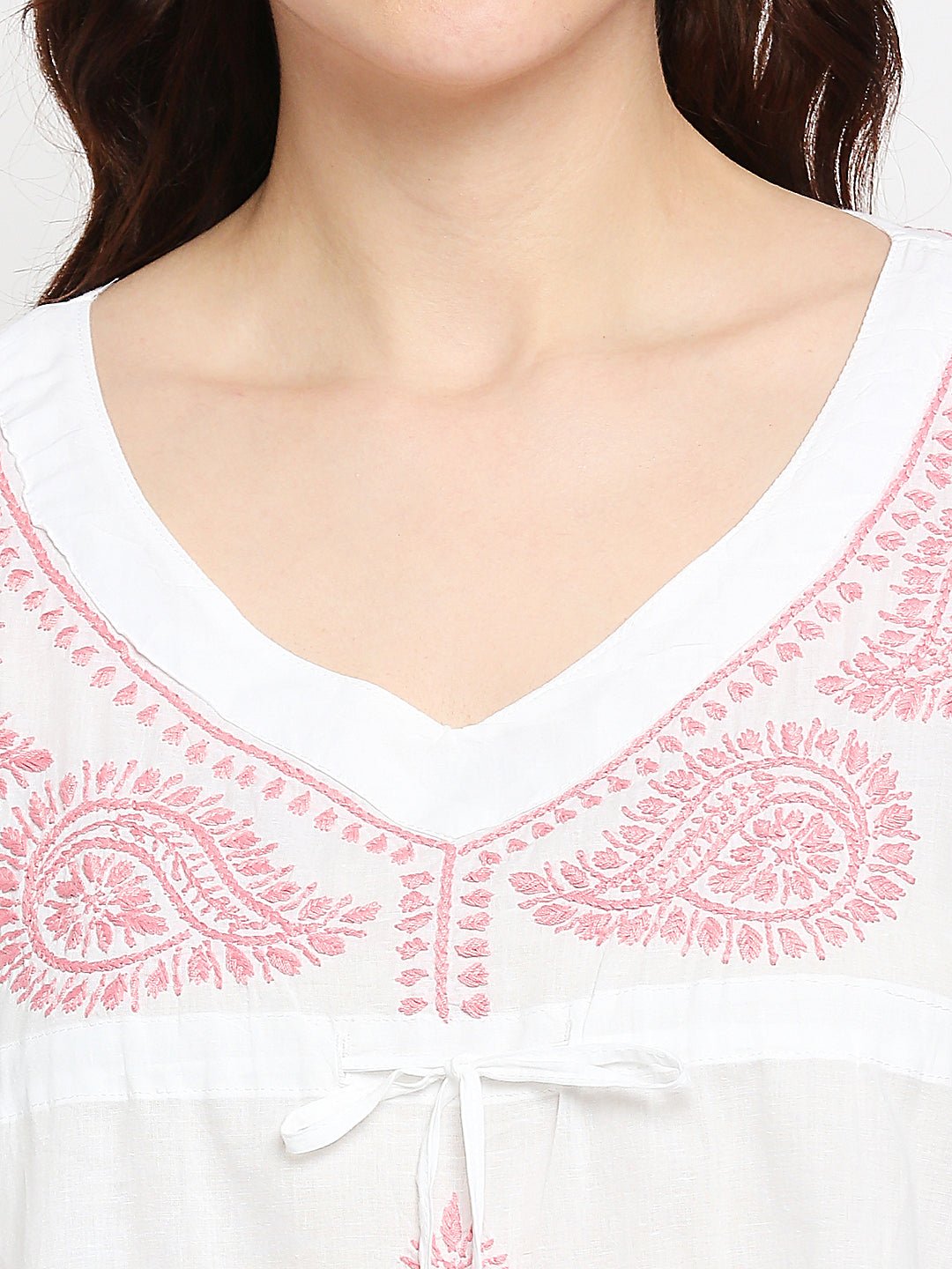 Lucknow Chikankari Hand Embroidered Top Cotton Kaftan Pink - Indiankala4u