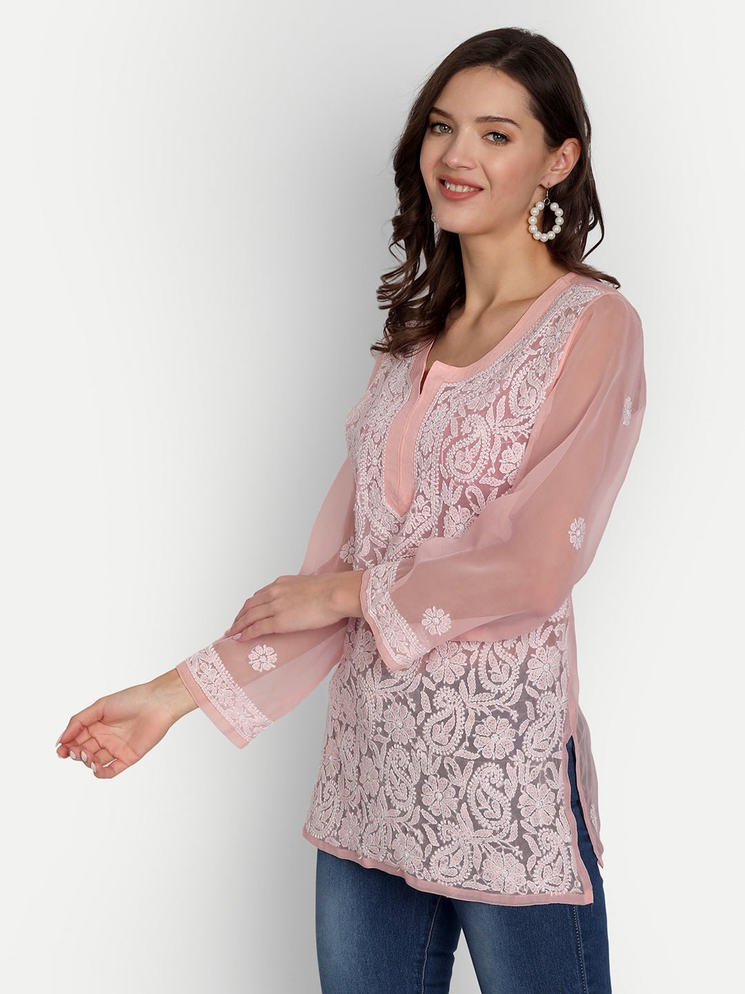 Lucknow Chikankari Hand Embroidered Top Georgette - Indiankala4u