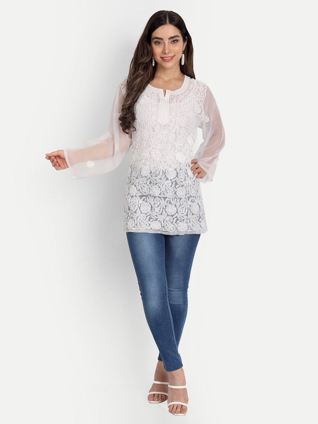 Lucknow Chikankari Hand Embroidered Top Georgette - Indiankala4u