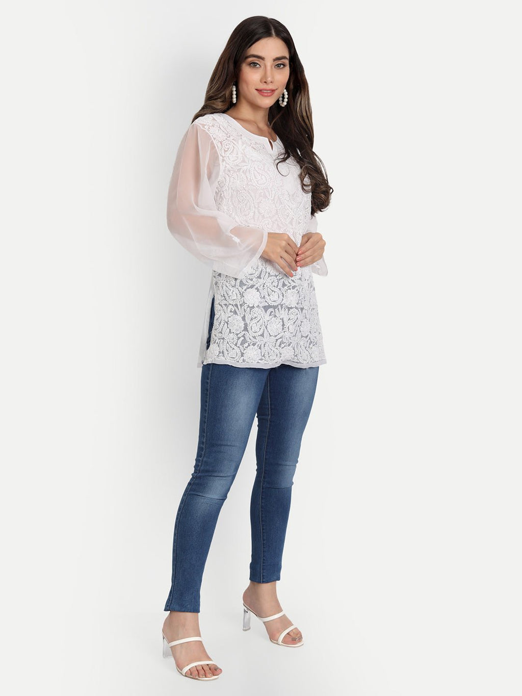 Lucknow Chikankari Hand Embroidered Top Georgette - Indiankala4u