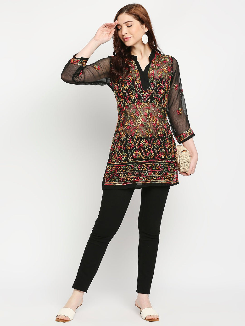 Lucknow Chikankari Hand Embroidered Top Georgette - Indiankala4u