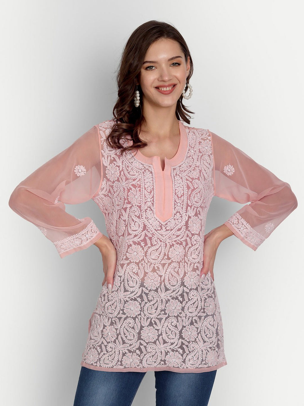 Lucknow Chikankari Hand Embroidered Top Georgette - Indiankala4u