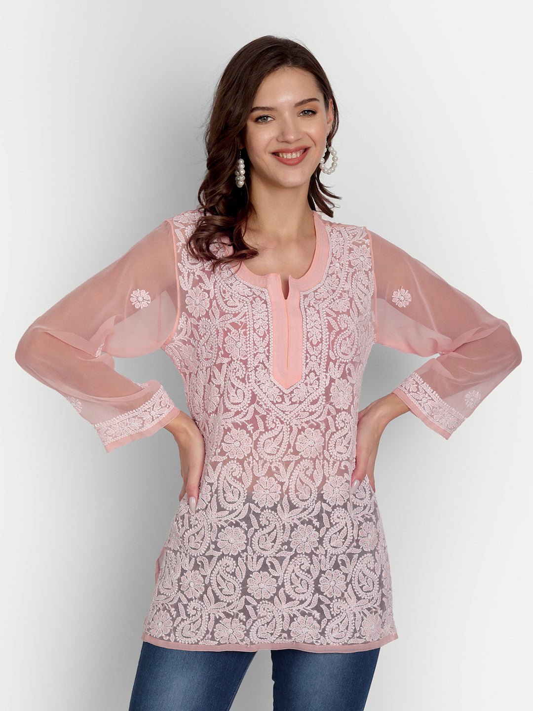 Lucknow Chikankari Hand Embroidered Top Georgette - Indiankala4u