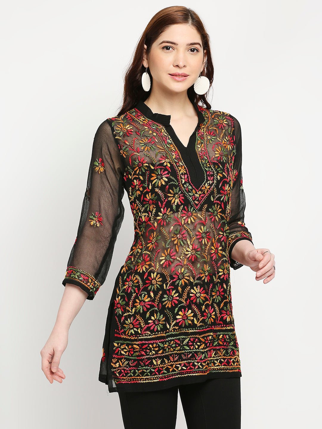 Lucknow Chikankari Hand Embroidered Top Georgette - Indiankala4u