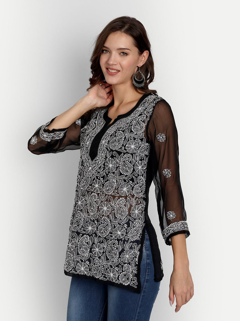 Lucknow Chikankari Hand Embroidered Top Georgette Black - Indiankala4u