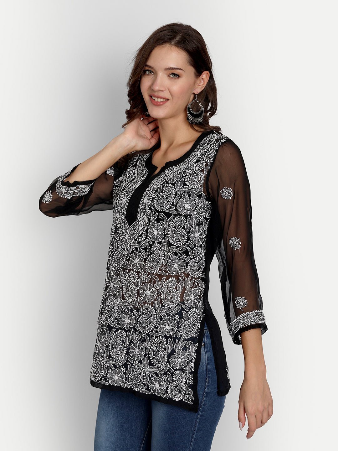 Lucknow Chikankari Hand Embroidered Top Georgette Black - Indiankala4u
