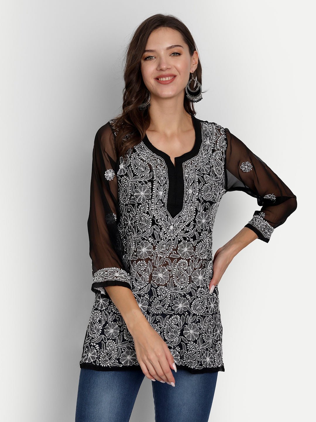 Lucknow Chikankari Hand Embroidered Top Georgette Black - Indiankala4u