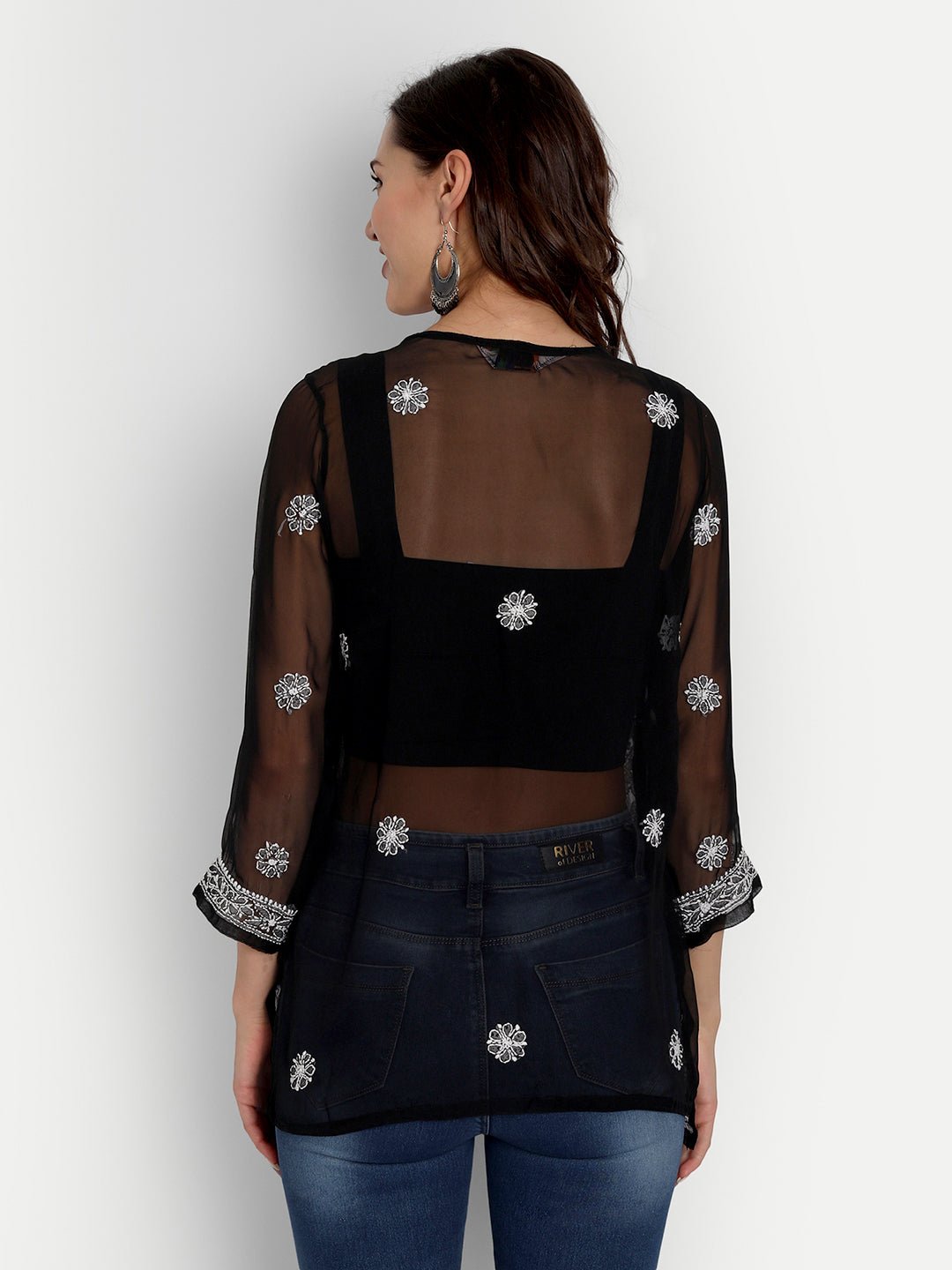 Lucknow Chikankari Hand Embroidered Top Georgette Black - Indiankala4u