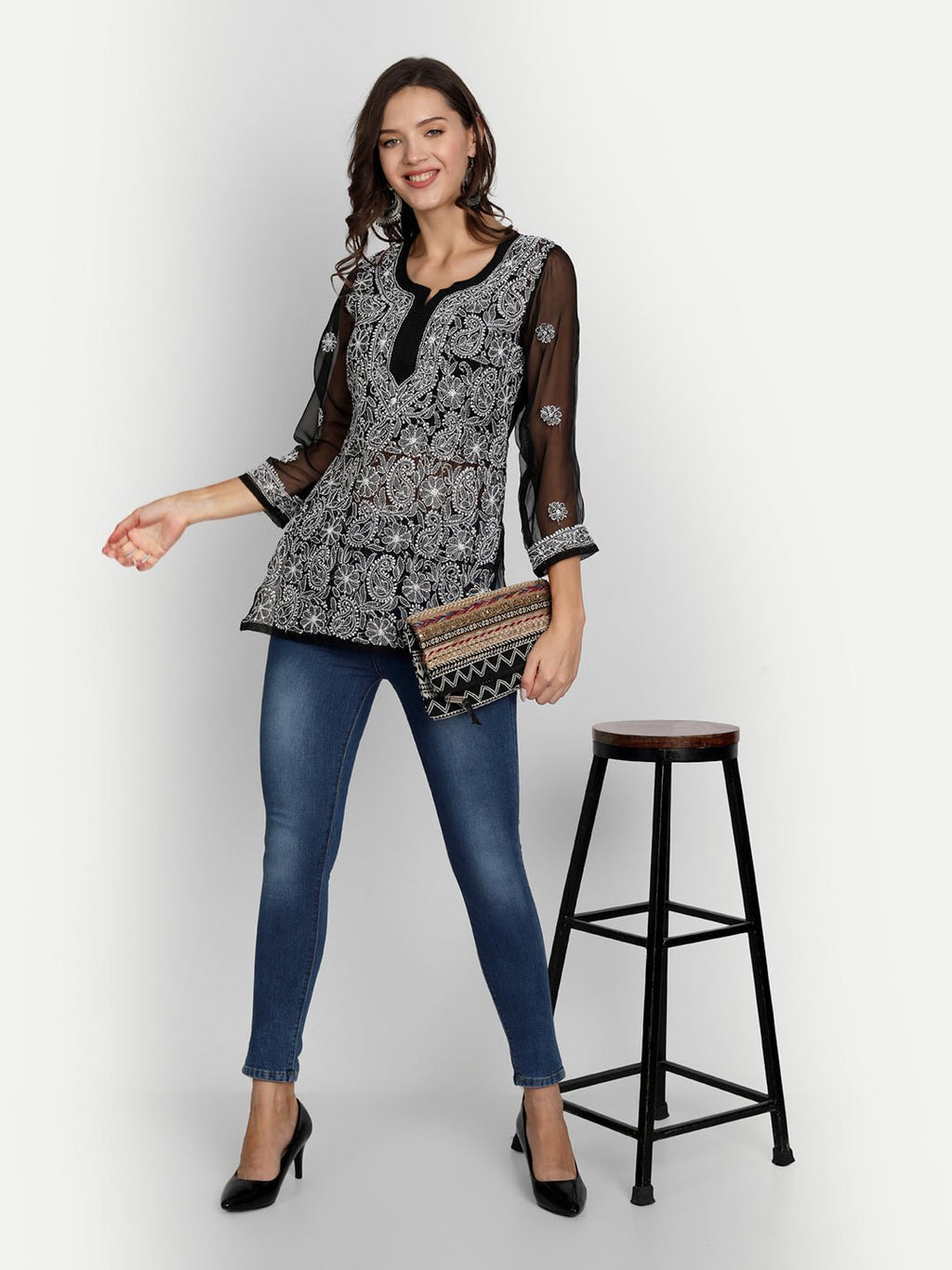 Lucknow Chikankari Hand Embroidered Top Georgette Black - Indiankala4u