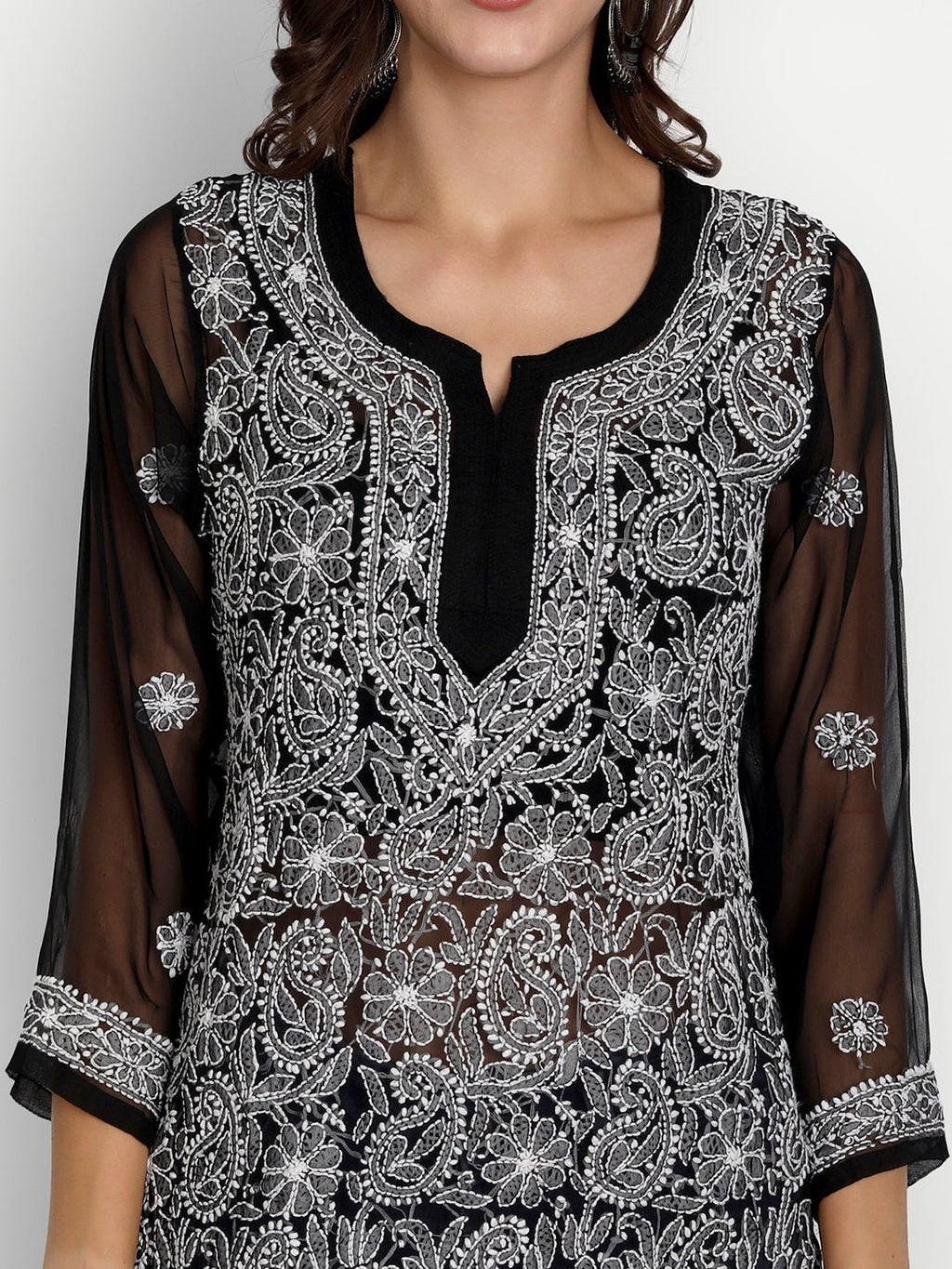 Lucknow Chikankari Hand Embroidered Top Georgette Black - Indiankala4u