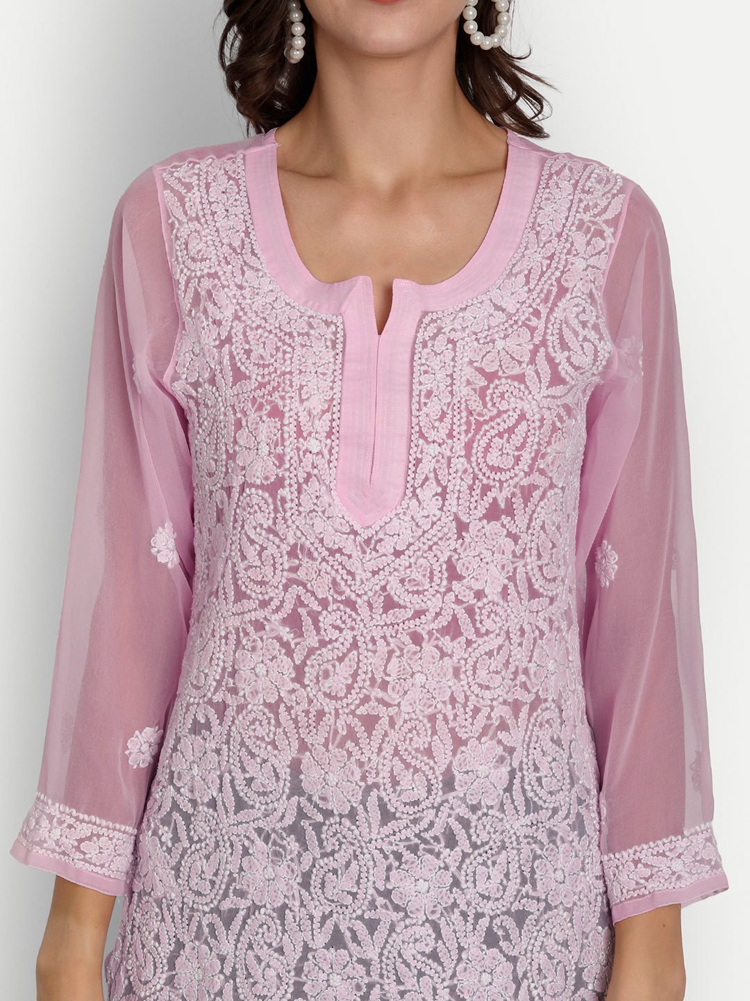 Lucknow Chikankari Hand Embroidered Top Georgette Pink - Indiankala4u