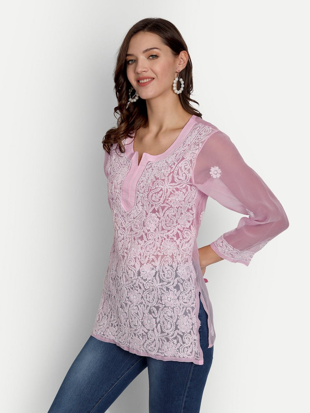 Lucknow Chikankari Hand Embroidered Top Georgette Pink - Indiankala4u