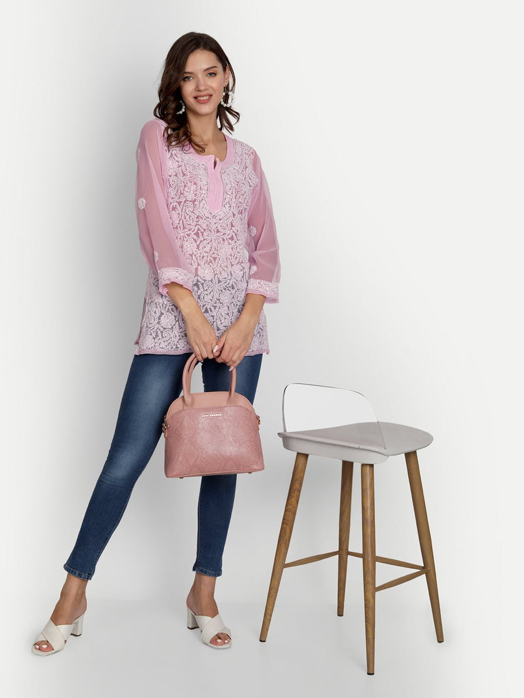 Lucknow Chikankari Hand Embroidered Top Georgette Pink - Indiankala4u