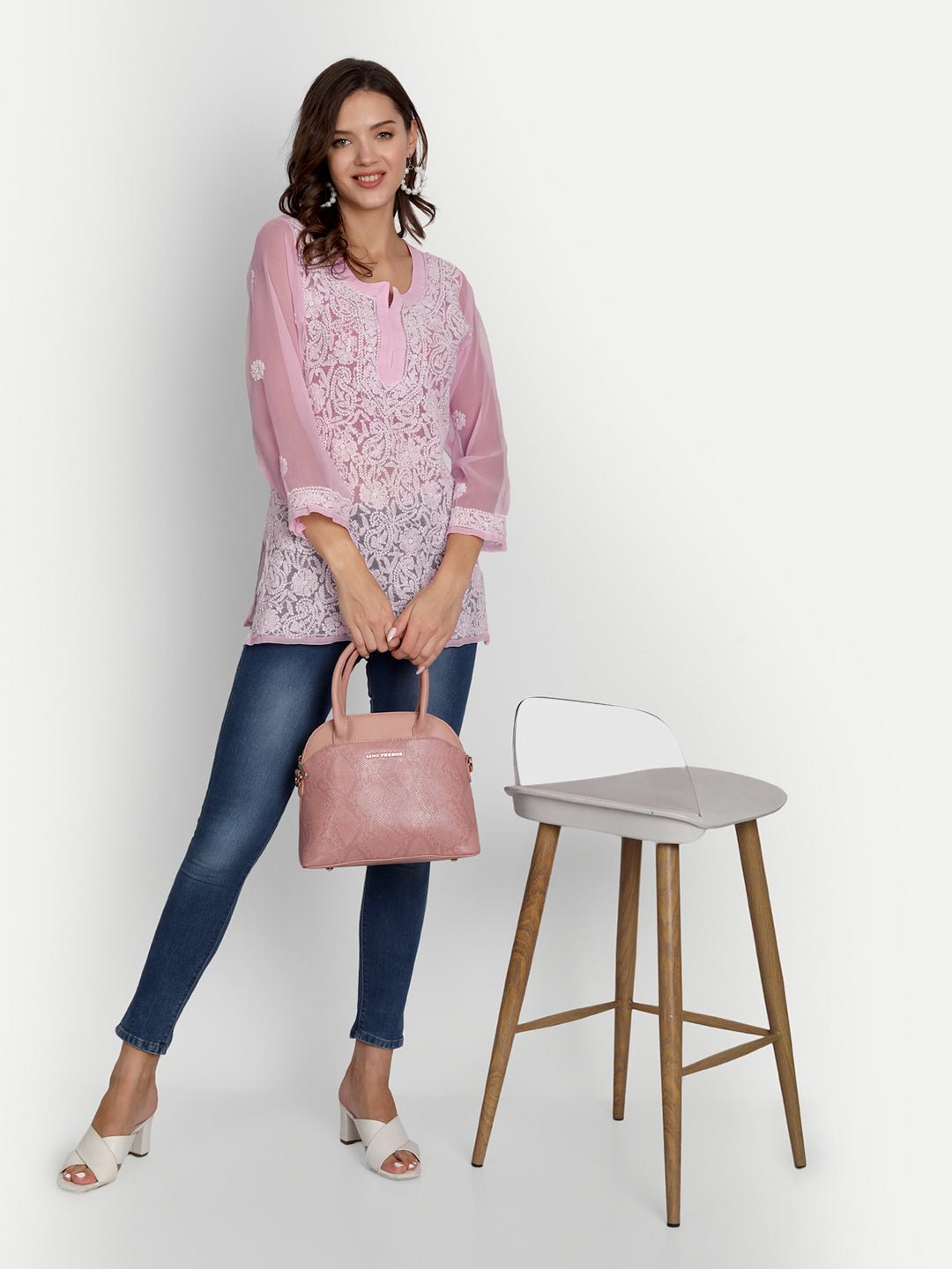 Lucknow Chikankari Hand Embroidered Top Georgette Pink - Indiankala4u