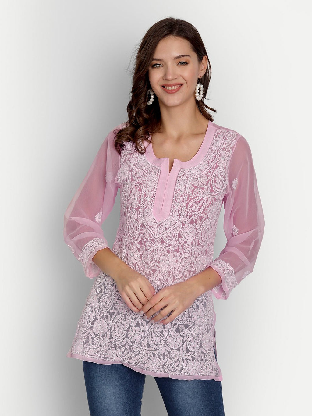 Lucknow Chikankari Hand Embroidered Top Georgette Pink - Indiankala4u