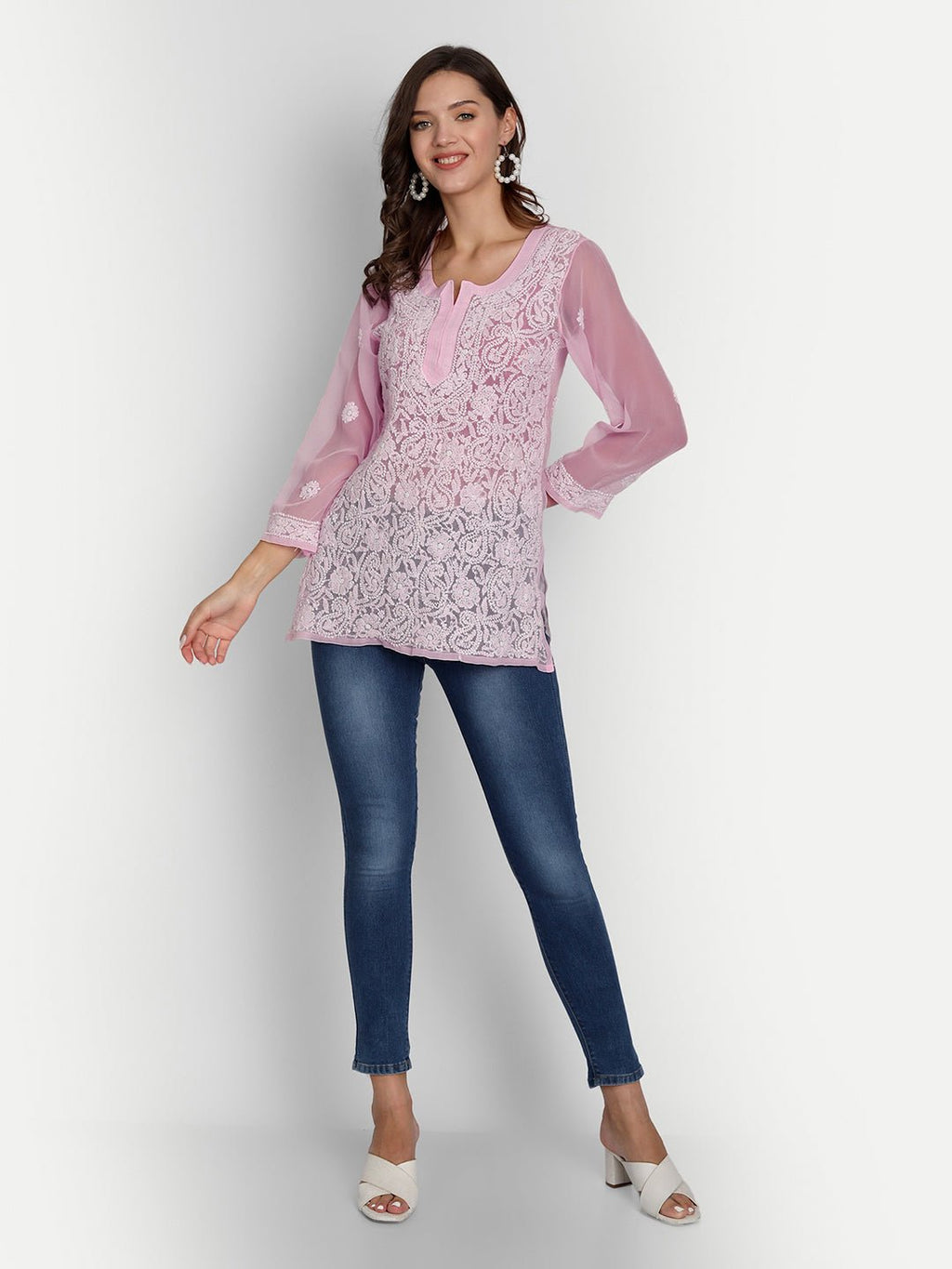 Lucknow Chikankari Hand Embroidered Top Georgette Pink - Indiankala4u