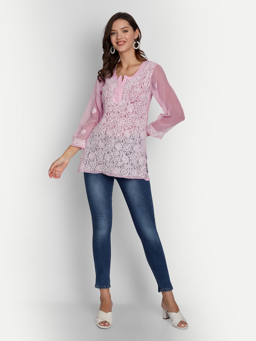 Lucknow Chikankari Hand Embroidered Top Georgette Pink - Indiankala4u