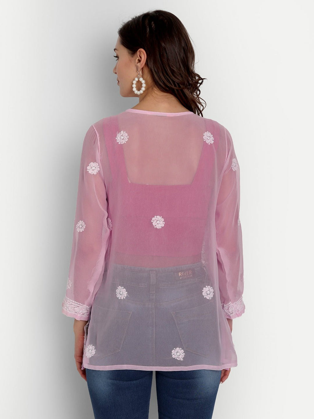 Lucknow Chikankari Hand Embroidered Top Georgette Pink - Indiankala4u