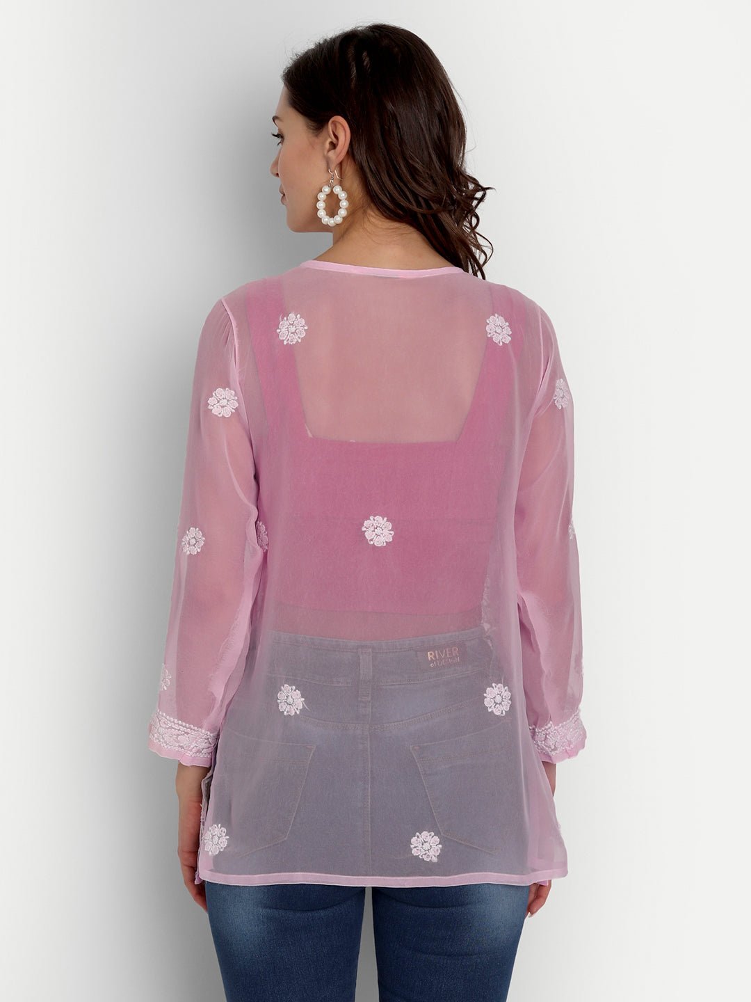 Lucknow Chikankari Hand Embroidered Top Georgette Pink - Indiankala4u