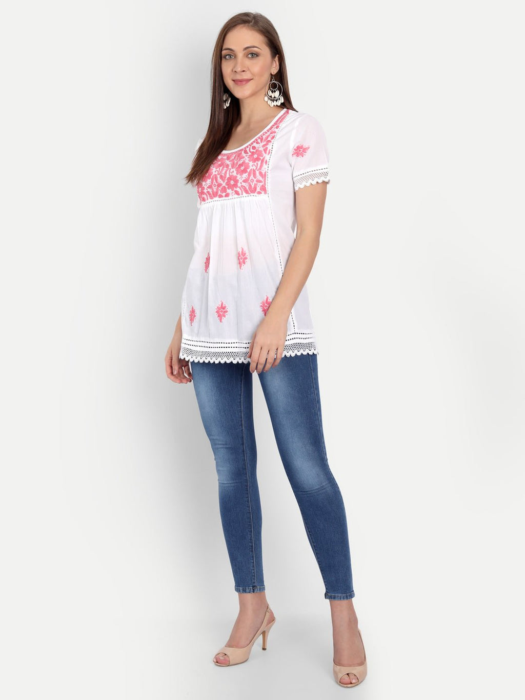 Lucknow Chikankari Hand Embroidered Top Pink - Indiankala4u