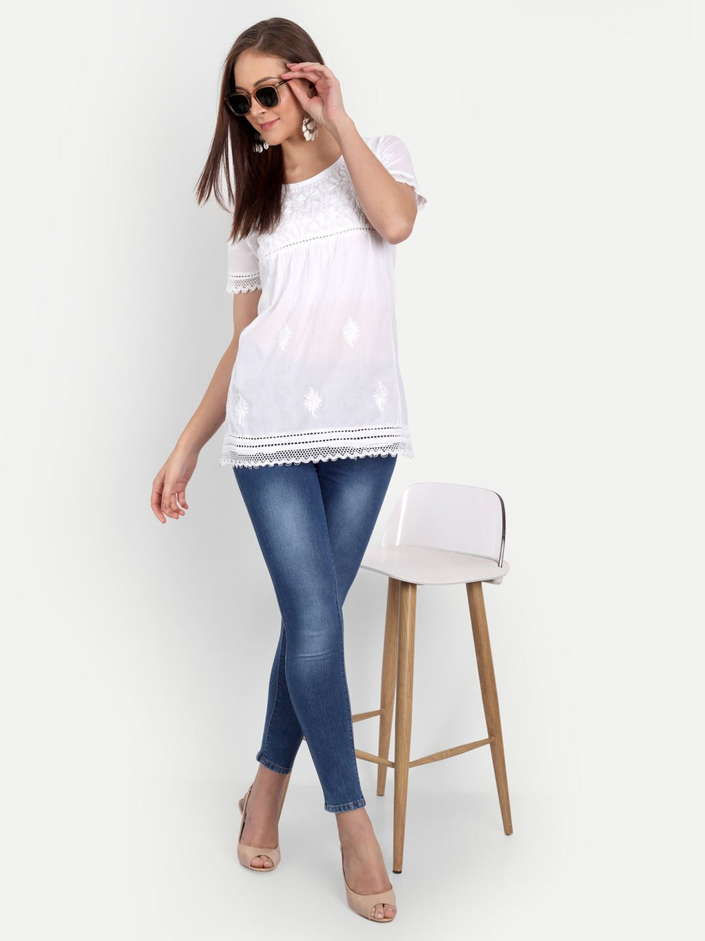 Lucknow Chikankari Hand Embroidered Top White - Indiankala4u