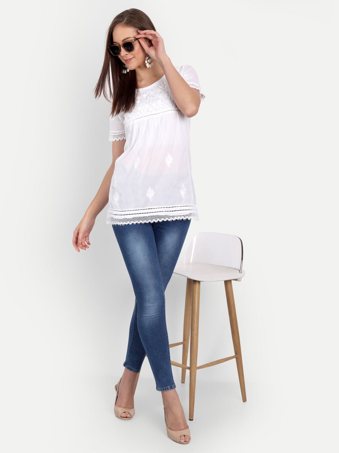 Lucknow Chikankari Hand Embroidered Top White - Indiankala4u