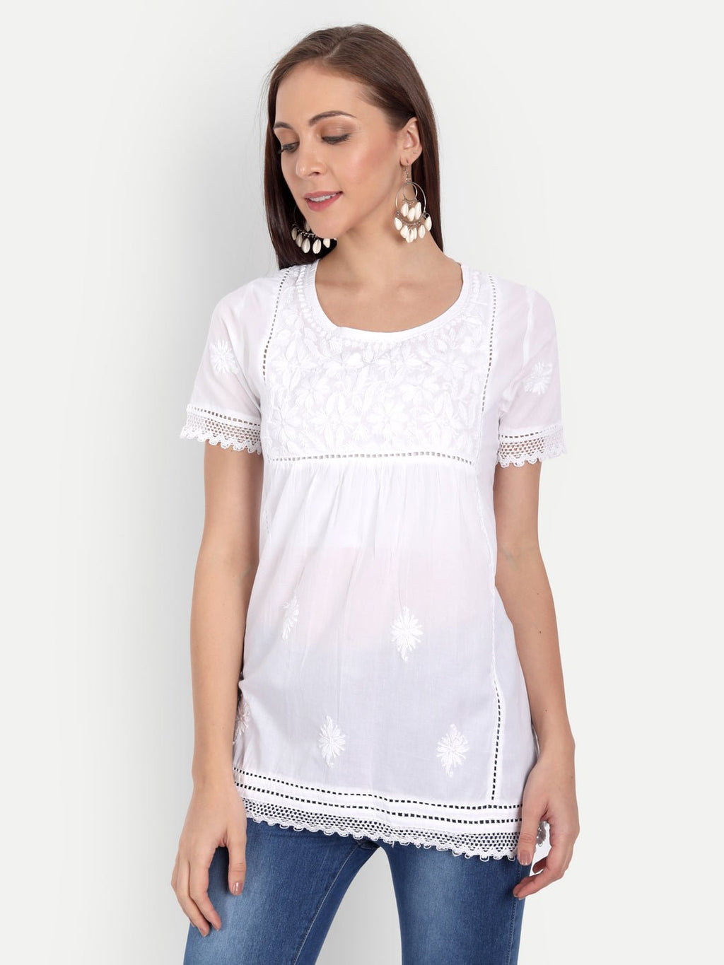 Lucknow Chikankari Hand Embroidered Top White - Indiankala4u