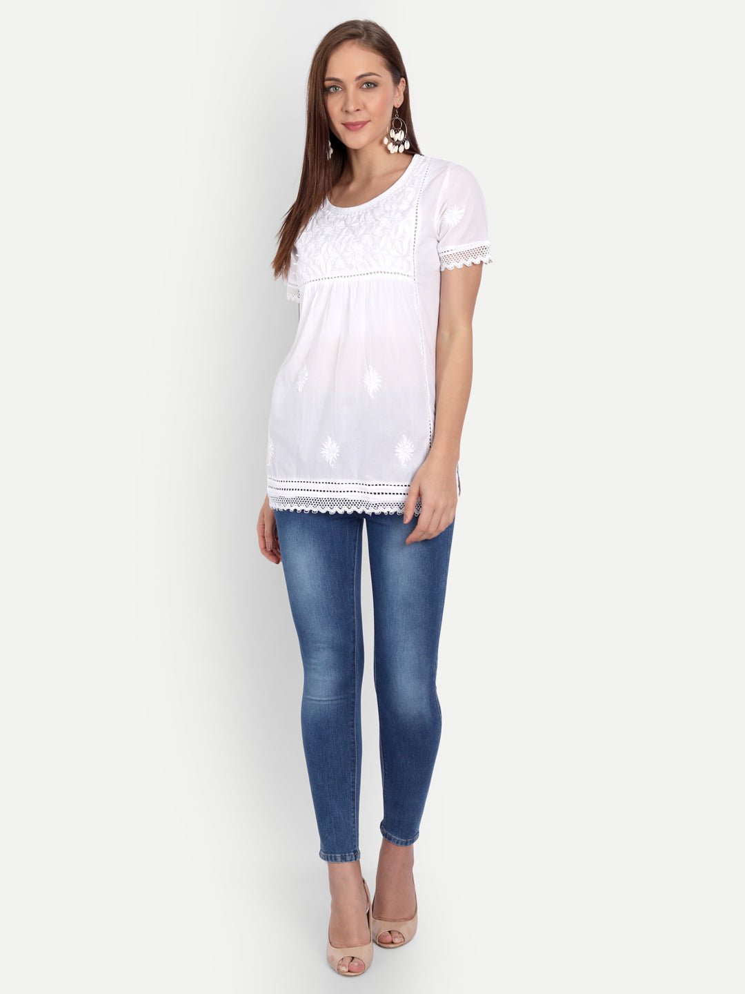 Lucknow Chikankari Hand Embroidered Top White - Indiankala4u