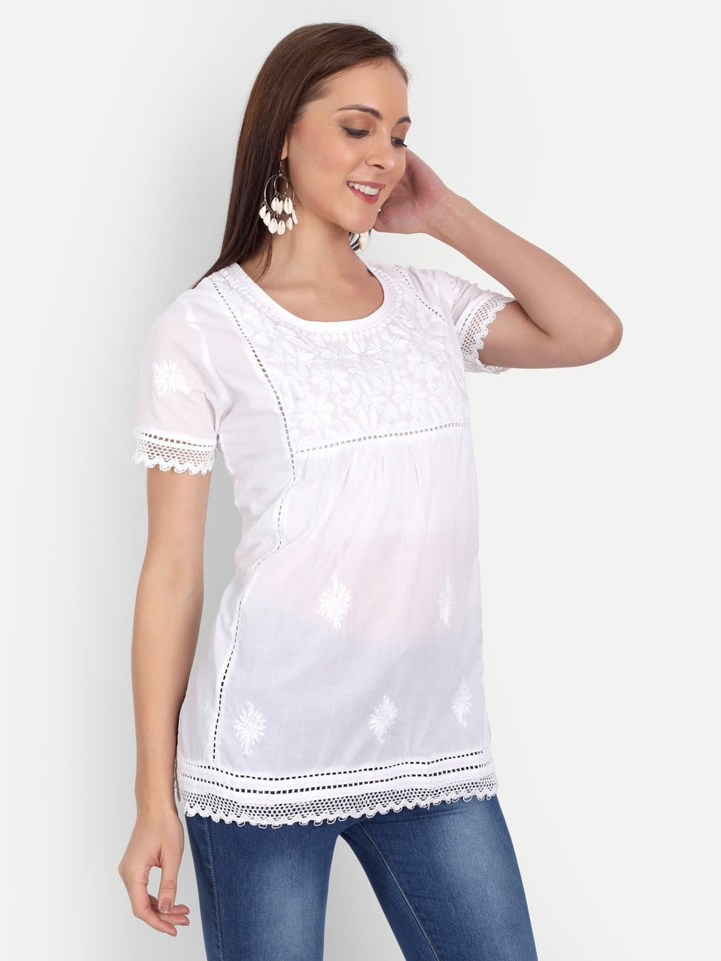 Lucknow Chikankari Hand Embroidered Top White - Indiankala4u