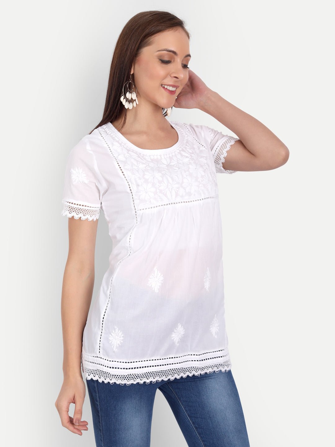 Lucknow Chikankari Hand Embroidered Top White - Indiankala4u