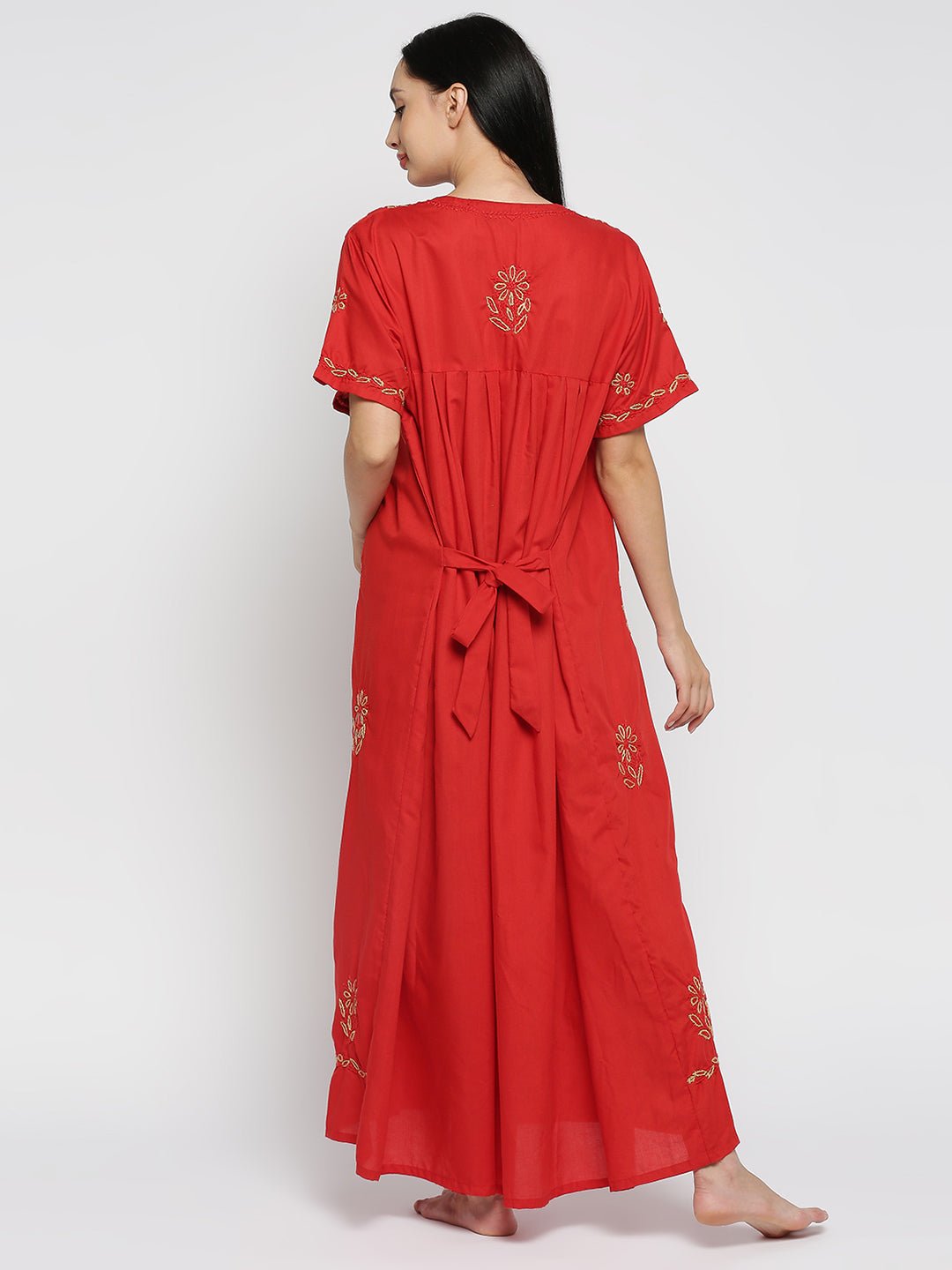 Lucknow Chikankari Handcrafted Night Gown Nighty for Women , Cotton Red Plus - Indiankala4u