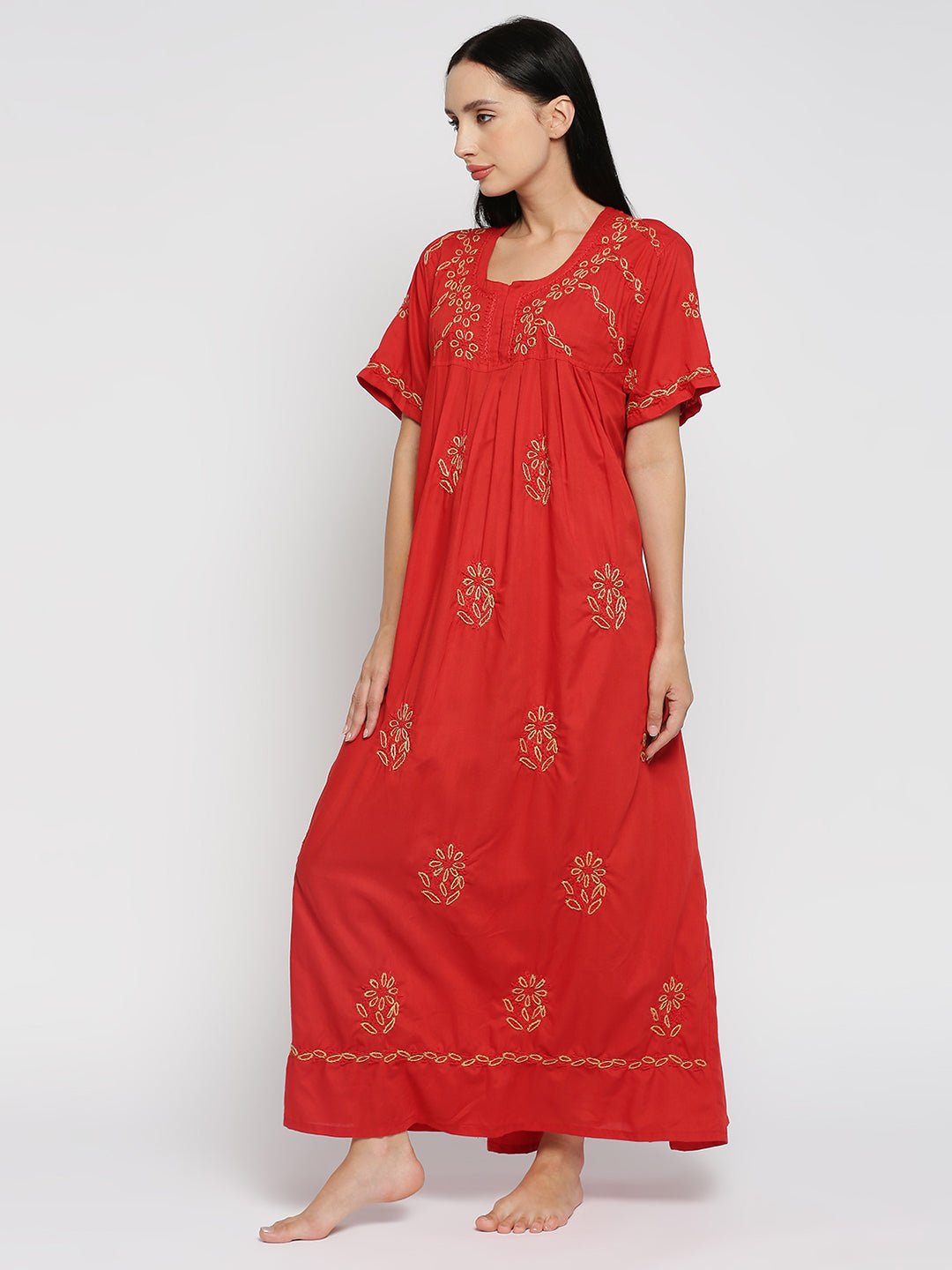 Lucknow Chikankari Handcrafted Night Gown Nighty for Women , Cotton Red Plus - Indiankala4u