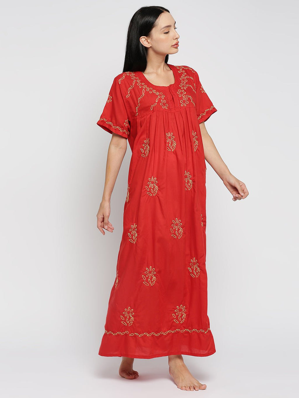 Lucknow Chikankari Handcrafted Night Gown Nighty for Women , Cotton Red Plus - Indiankala4u
