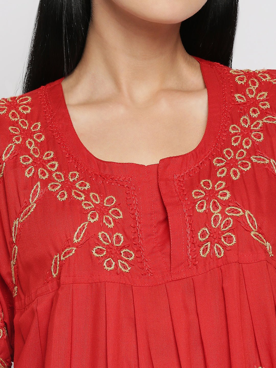 Lucknow Chikankari Handcrafted Night Gown Nighty for Women , Cotton Red Plus - Indiankala4u