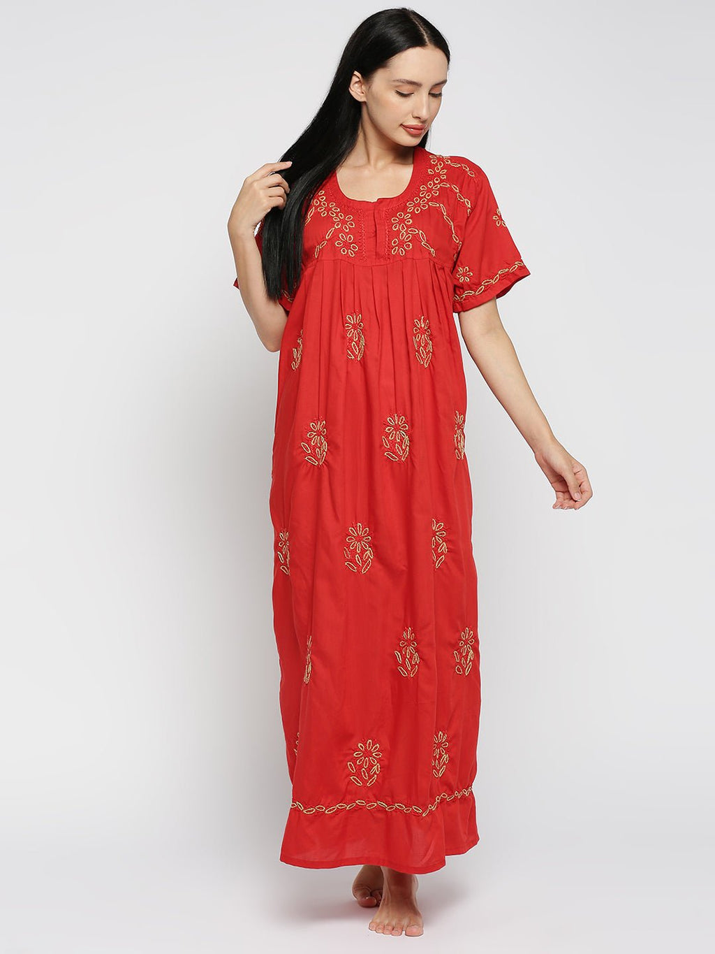 Lucknow Chikankari Handcrafted Night Gown Nighty for Women , Cotton Red Plus - Indiankala4u