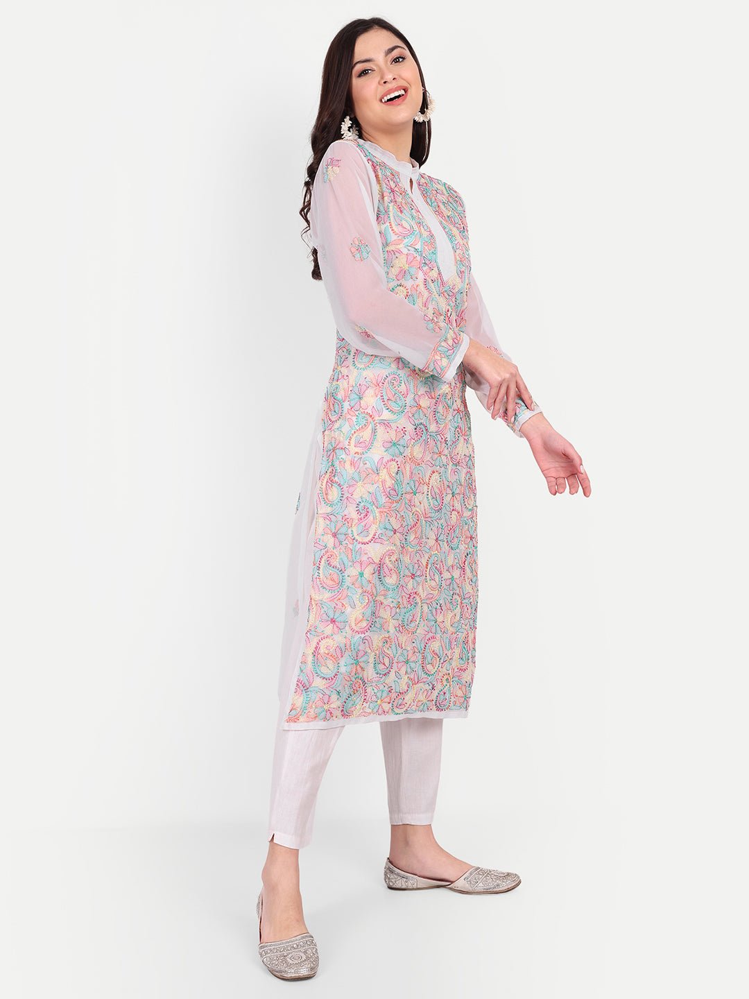 Lucknow Chikankari Resham Thread Hand Embroidered Long Kurta Georgette - Indiankala4u