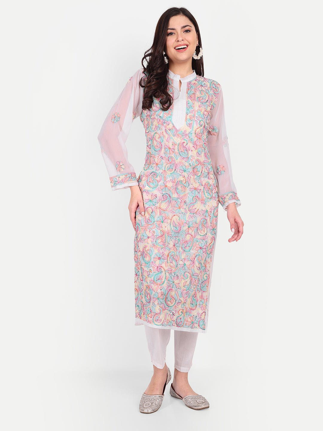 Lucknow Chikankari Resham Thread Hand Embroidered Long Kurta Georgette - Indiankala4u
