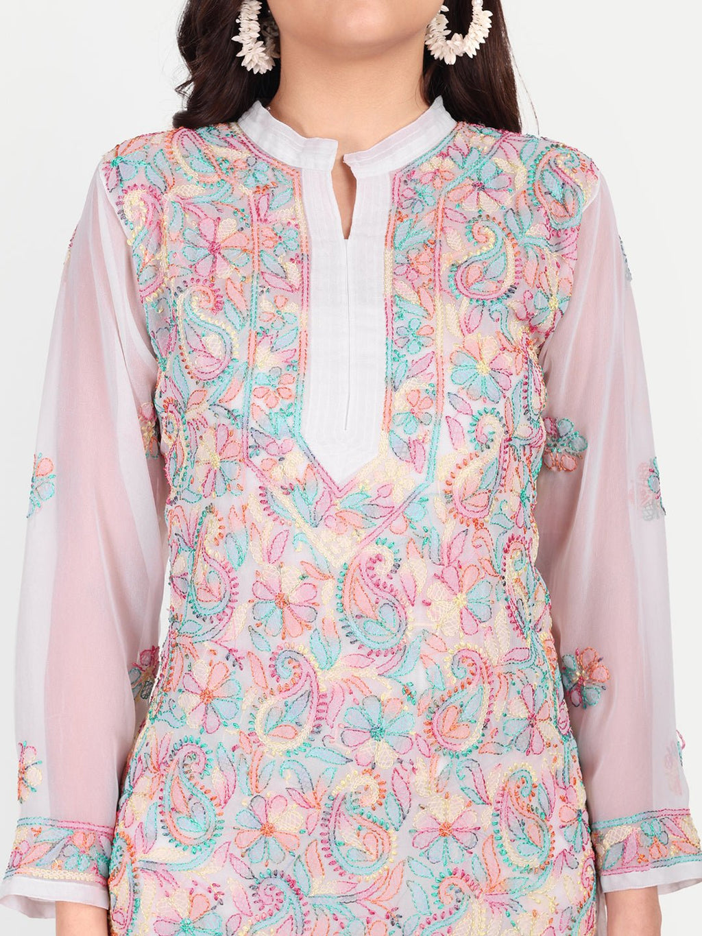 Lucknow Chikankari Resham Thread Hand Embroidered Long Kurta Georgette - Indiankala4u