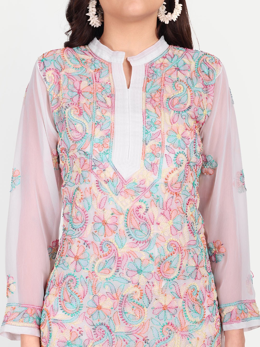 Lucknow Chikankari Resham Thread Hand Embroidered Long Kurta Georgette - Indiankala4u