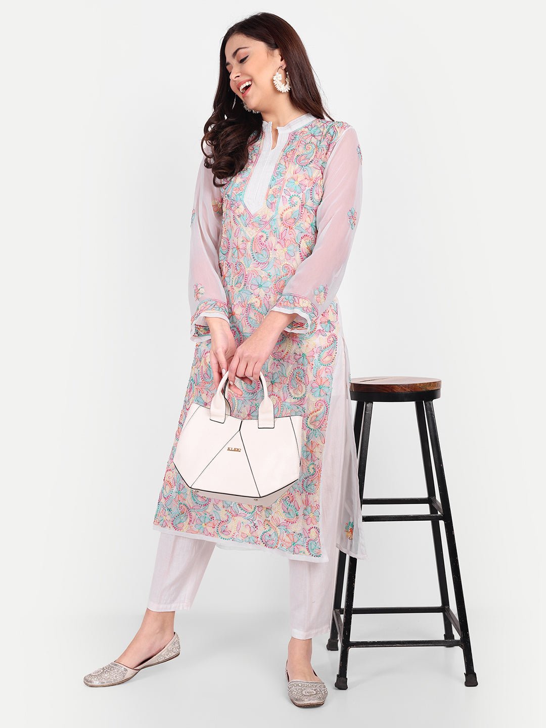 Lucknow Chikankari Resham Thread Hand Embroidered Long Kurta Georgette - Indiankala4u