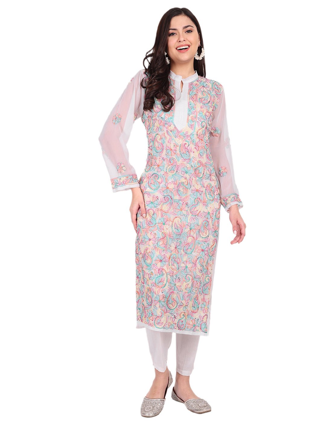 Lucknow Chikankari Resham Thread Hand Embroidered Long Kurta Georgette - Indiankala4u