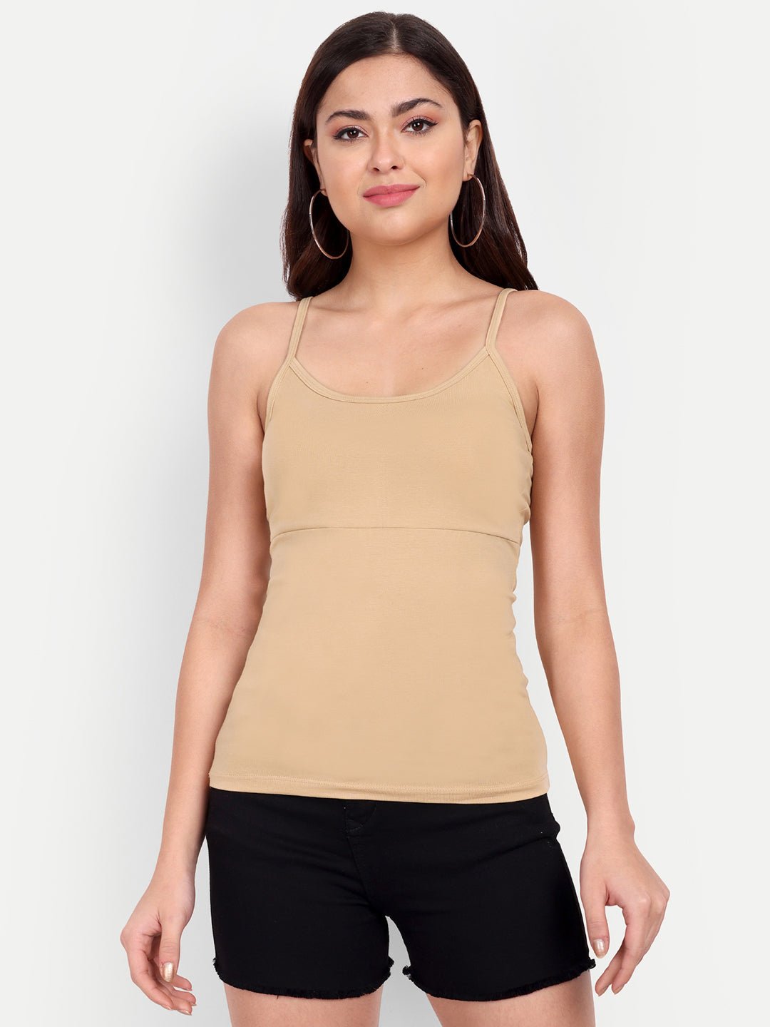 Padded Camisole Cotton Lycra Slip Spaghetti Tank Top Removable Washable Pads - Indiankala4u