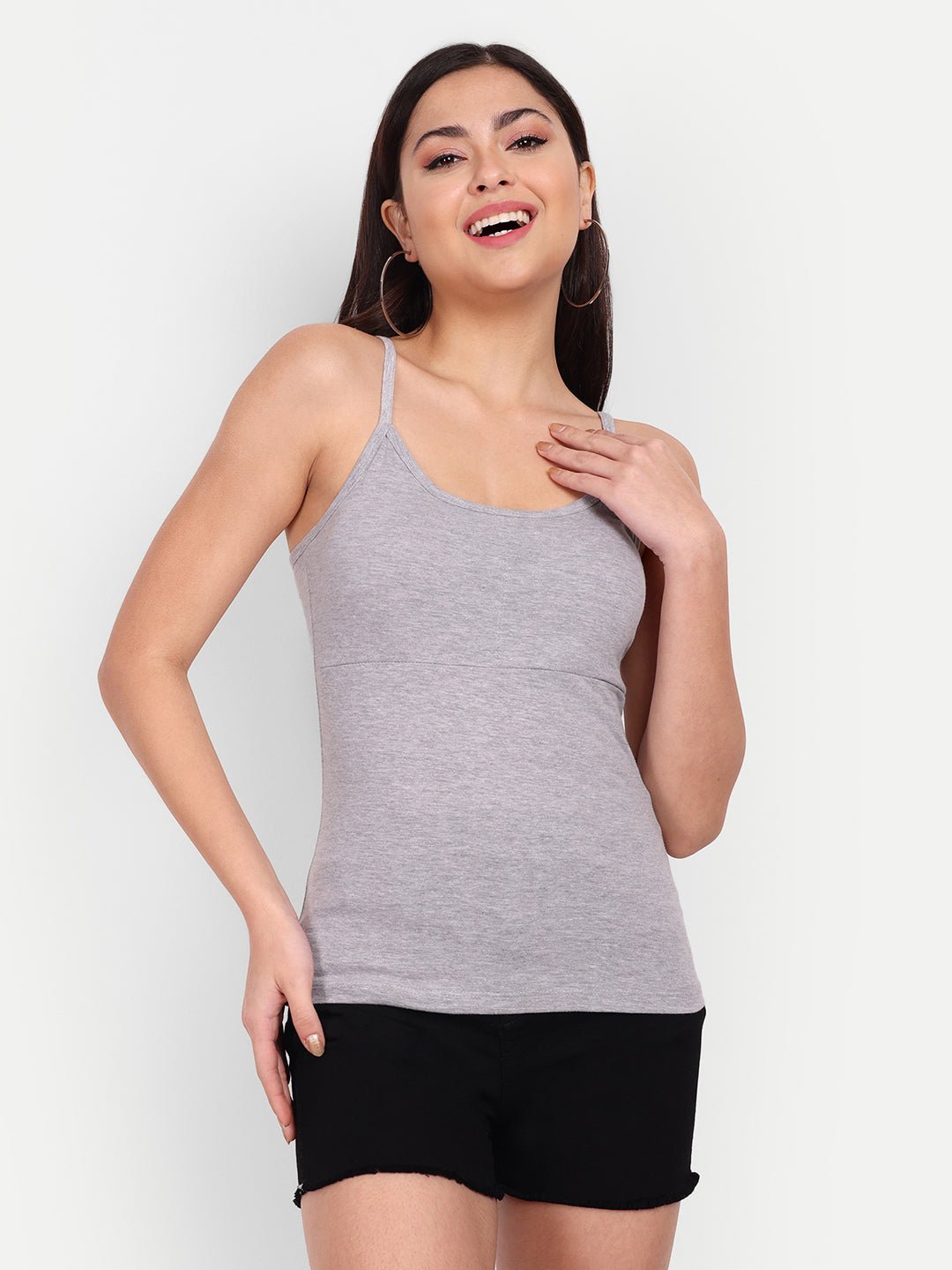 Padded Camisole Cotton Lycra Slip Spaghetti Tank Top Removable Washable Pads - Indiankala4u